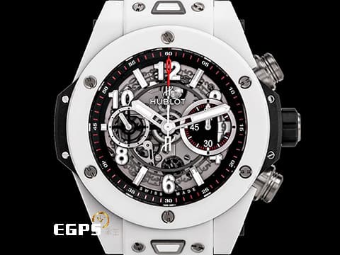 HUBLOT 宇舶 Big Bang Unico 45 White Ceramic 大爆炸 411.HX.1170.RX 白陶瓷&nbsp;&nbsp;鏤空面盤 三日鍊 飛返 計時碼錶&nbsp;2019年台灣公司貨&nbsp;自動上鍊 45mm