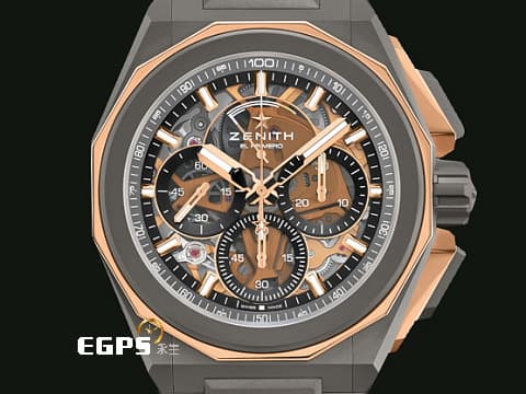 ZENITH 真力時 Defy Extreme 高震頻 87.9100.9004/03.I001 鈦金屬+玫瑰金材質 鏤空面盤 1/100秒 計時碼表&nbsp;2022年台灣公司貨 新式易拆卸替換錶帶裝置 附帆布錶帶、橡膠錶帶 自動上鍊 45mm
