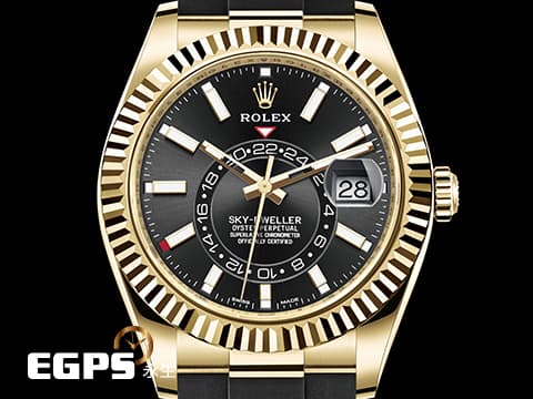 ROLEX 勞力士 Sky-Dweller 326238 蠔式 天行者 沙羅裝置 年曆錶 18K黃金材質 自動上鏈  Oysterflex橡膠錶帶 2022年新式綠卡   放射紋亮黑面     此錶歡迎各路錶友以PP、AP、勞力士 來店交換，本店將以最高價評估～ 42mm