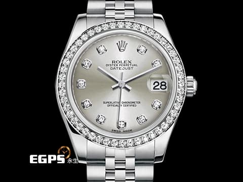 ROLEX 勞力士 Datejust 178384-63160 不鏽鋼材質&nbsp;原廠鑲鑽錶圈 原廠鑽石時標 銀灰色面盤 自動上鍊 亂碼字頭 31mm