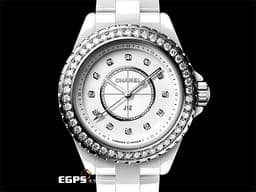 CHANEL 香奈兒 J12 H6418 <font color="#FF0000">原廠鑲嵌鑽石錶圈、鑽石時標面盤 2024年單 
 </font> 白色高科技陶瓷材質 石英錶 時尚女錶 專利不鏽鋼蝴蝶扣 33mm