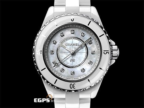 CHANEL 香奈兒 J12 H5704  鑽石時標 白色珍珠貝母面盤 2024年單 
  白色高科技陶瓷材質 石英錶 時尚女錶 專利不鏽鋼蝴蝶扣 33mm