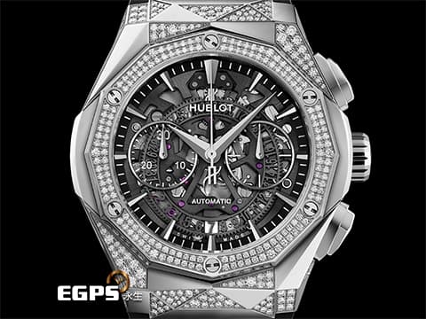 HUBLOT 宇舶 Classic Fusion 經典融合系列 鈦金屬材質&nbsp;法國當代藝術家 Richard Orlinski 聯名設計錶款&nbsp;525.NX.0170.RX.1804.ORL18 原鑲鑽錶 原廠鑲嵌天然美鑽312顆，共約2.04克拉 鏤空面盤 自動上鍊 計時碼錶 45mm