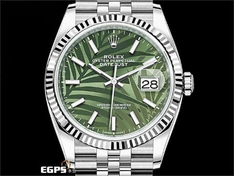 ROLEX 勞力士 Datejust 36 蠔式日誌型 126234 橄欖綠色棕櫚葉面盤 不鏽鋼 DJ36 經典三角坑紋錶圈 2023年 紀念型（Jubilee）五銖錶帶 自動上鍊 36mm