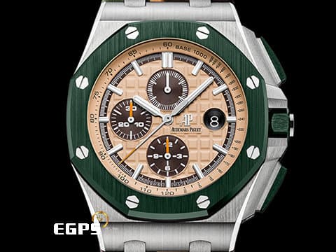 Audemars Piguet 愛彼 AP錶 Royal Oak Offshore 皇家橡樹離岸型 計時碼表 26400SO.OO.A054CA.01 綠色陶瓷框 稀有迷彩配色款，2018年保單，新式保卡   大熊貓 原廠迷彩膠帶    此錶歡迎各路錶友以 PP、AP、RM、勞力士 來店交換，本店將以最高價評估～  自動上鏈 44mm