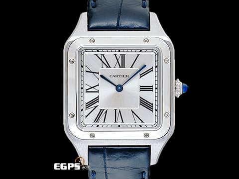 CARTIER 卡地亞  SANTOS DE CARITER WSSA0023 DUMONT 小型款 WSSA0023  2024保單 錶冠鑲嵌多切面藍色合成尖晶石   銀面羅馬時標面盤 藍鋼指針 石英表 38x27.5mm