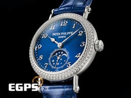 Patek philippe 百達翡麗 PP&nbsp; 複雜功能時計 7121/200G 18K白金材質 <font color="#05f0f0">原廠鑲嵌132 顆鑽石（1.09 克拉）錶圈 月相顯示 藍色面盤</font>&nbsp;<font color="#ff0000">2</font><font color="#FF0000">025年保單 新錶訂價：1,507,000元&nbsp;</font>手動上鍊&nbsp;38mm