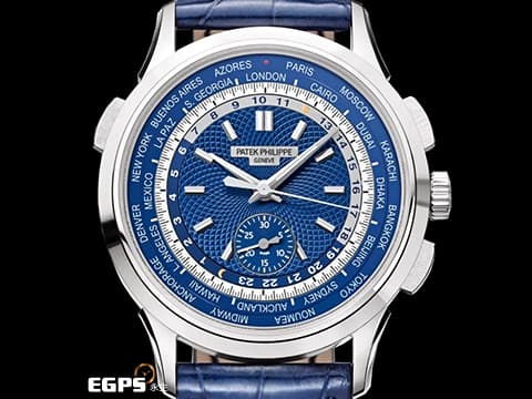 Patek philippe 百達翡麗 PP錶 複雜功能時計系列 5930 G 白K金材質 藍色網狀格紋面盤 5930G-001 世界時區 飛返計時 BEIJING 北京時區面盤 自動上鍊 39.5mm