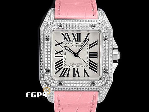 CARTIER 卡地亞 Santos 100 山度士 中型 白色面盤 精鑲鑽框 黑色羅馬數字 經典大三針 全新粉色皮錶帶 自動腕錶 36mm