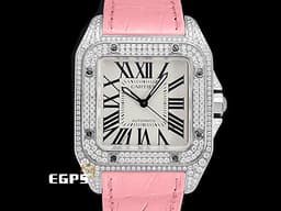 CARTIER 卡地亞 Santos 100 山度士 中型 白色面盤 精鑲鑽框 黑色羅馬數字 經典大三針 <font color=#ffaaad>全新粉色皮錶帶</font> 自動腕錶 36mm