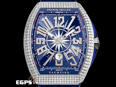 Franck Muller 法蘭穆勒 FM Vanguard Yachting 遊艇系列  V45 SC DT   精鑲鑽框耀眼奪目 ，藍色面盤 鑲鑽立體阿拉伯數字時標&nbsp;自動上鏈 44x54 mm