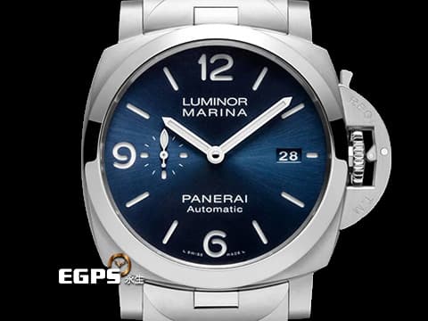 PANERAI 沛納海 Luminor Marina Specchio Blu PAM1316 三日鍊 小秒針 藍色太陽放射紋三明治面盤 PAM01316 不鏽鋼材質 鍊帶款 2024年保卡&nbsp;自動上鍊 44mm