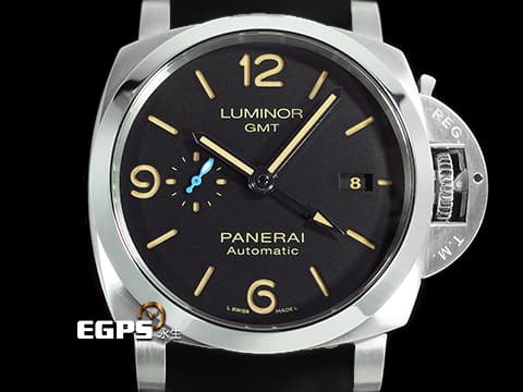 PANERAI 沛納海 Luminor GMT 3 Days PAM01320 經典三明治面盤 淡褐色夜光時標 菸草面 PAM1320 藍色小秒針 三日鍊 兩地時區 動能顯示 絕版透明錶背款 自動上鍊 44mm
