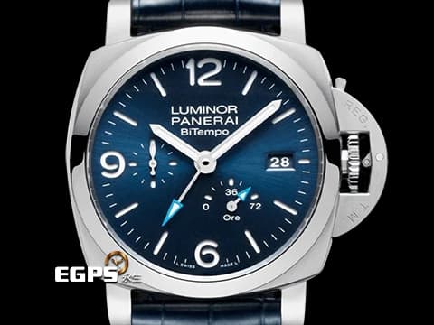 PANERAI 沛納海 LUMINOR 系列 BiTempo PAM01361 GMT 三日鍊 PAM1361 藍色放射太陽紋面盤 藍色GMT、動力顯示指針箭頭 2024年保單  自動上鍊 44mm