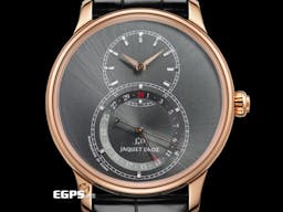 JAQUET DROZ 雅克德羅 JD Grande Seconde Quantieme Anthrazit 大秒針 經典8字 J007033001<font color=#00FFFF>美艷氣質玫瑰金材質 沉穩神秘大象灰旋彩表面 經典傳承8字形設計 </font> <font color=#FF0000>2022年保單</font> 自動上鍊 43mm