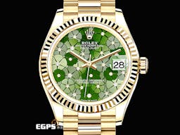 ROLEX 勞力士 Datejust 31 蠔式日誌型 278278 <font color=#6D8E23>原廠鑲鑽橄欖綠花朵面盤  繡球花</font> 18K黃金 DJ31 經典三角坑紋錶圈 <font color=#FF0000>2023年新卡 元首型（President）錶帶 總統帶</font> 自動上鍊 31mm