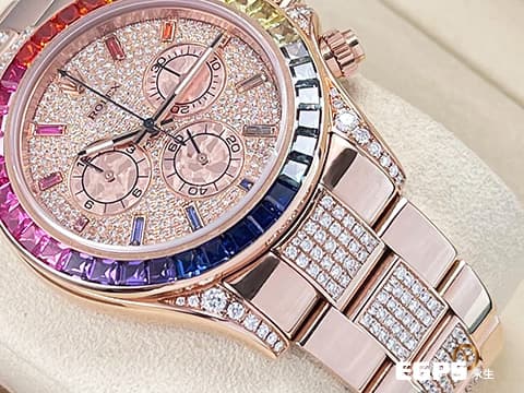 ROLEX 勞力士 Daytona 迪通拿 116505 永恆玫瑰金材質 計時碼表 自動上鍊 精鑲漸層彩紅色寶石錶圈、時標 精鑲鑽石於滿天星鑽石面盤、錶耳、護肩及錶鍊帶中排鑽 看不到也買不到的116595 RBOW彩紅寶石圈，迷倒眾人的彩虹圈，簡直潮爆  40mm