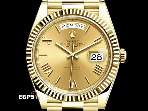 ROLEX 勞力士 DAY-DATE 40 蠔式星期日誌型 228238 黃K金材質 黃K金羅馬數字時標 香檳色面盤 2021新式保單  此錶歡迎各路錶友以PP、AP、勞力士 來店交換，本店將以最高價評估～ 自動腕錶 40mm