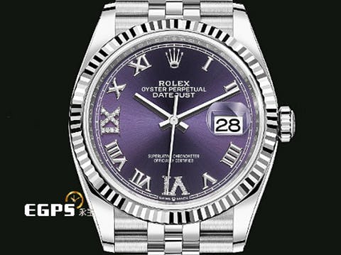 ROLEX 勞力士 Datejust 36 蠔式日誌型 126234 原廠VI、IX鑲鑽 茄紫色面盤 不鏽鋼 DJ36 經典三角坑紋錶圈 2021年保卡 紀念型（Jubilee）五銖錶帶 自動上鍊 36mm