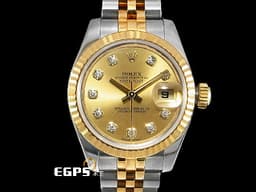 ROLEX 勞力士 Lady DateJust 179173G 蠔式日誌型&nbsp;DJ26 經典三角坑紋錶圈 半金款 18K黃金材質 <font color="#05f0f0">鑽石時標&nbsp;</font><font color="#fde6a5">香檳金色面盤</font> 自動上鍊 26mm