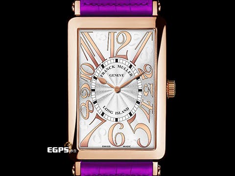 Franck Muller 法蘭穆勒 952QZ REL HO LONG ISLAND 玫瑰金材質 銀白色面盤放射雕紋面盤 玫瑰金藝術數字時標 原廠紫色鱷魚皮錶帶 石英機芯 26x44mm