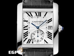 CARTIER 卡地亞 Tank MC Large 坦克 W5330003 大型款 經典 銀白色雕紋面盤 <font color="#193abe">藍鋼指針 鑲嵌藍色尖晶石錶冠</font> 不鏽鋼 小秒針&nbsp;自動上鍊 43.9 x 34.3mm