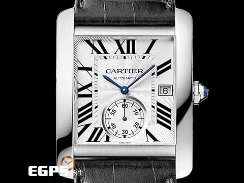 CARTIER 卡地亞 Tank MC Large 坦克 W5330003 大型款 經典 銀白色雕紋面盤 藍鋼指針 鑲嵌藍色尖晶石錶冠 不鏽鋼 小秒針&nbsp;自動上鍊 43.9 x 34.3mm