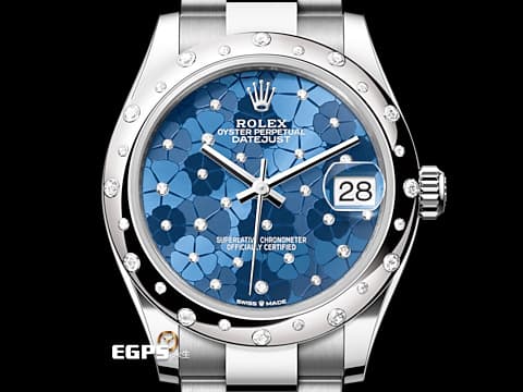 ROLEX 勞力士 Datejust 31 DJ31 經典 蠔式日誌型 278344RBR 不鏽鋼&amp;18K白金鋼材質&nbsp;天藍色花朵圖案面盤鑲24顆鑽石 原廠圓拱形鑲鑽錶圈 2023年新式保卡 自動上鍊 31mm