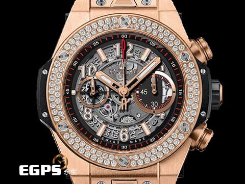 HUBLOT 宇舶 Big Bang Unico 大爆炸 King Gold Diamonds 王金 玫瑰金 飛返 計時碼表 411.OX.1180.RX.1104 鏤空面盤 原廠鑲嵌114顆鑽石錶圈（共重1.92ct）&nbsp;2023年保單 官方新錶訂價：1,421,400元&nbsp;自動上鍊 45mm