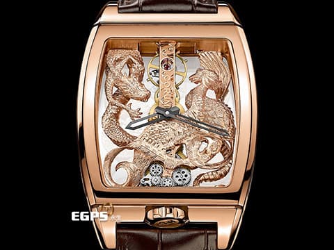 CORUM 崑崙 Golden Bridge Dragon &amp; Phoenix 金橋 龍鳳呈祥  B113/02615 玫瑰金材質  心想事成，好運龍總來 新錶參考訂價：3,940,000元  手上鍊機芯 51x34mm