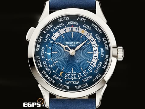 Patek Philippe PP 百達翡麗 5230P-001 PT950鉑金材質 5230 P 世界時間 日夜顯示 藍色編織波紋圖案面盤 Calatrava Cross折疊帶扣 PP世界時區 停產款 2022年保單  PP印記  此錶歡迎各路錶友以PP、AP、勞力士 來店交換，本店將以最高價評估～ 自動上鍊 38.5mm