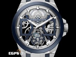 Ulysse Nardin 雅典錶 Executive Blast Tourbillon 經理人 1723-400/03 鈦金屬材質&nbsp;&nbsp;<font color="#0582f5">鏤空 陀飛輪&nbsp;藍色雙"X"框架造型鏤空面盤 </font>三日鍊&nbsp;<font color="#FF0000">鉑金微型自動盤 2023年保卡</font>&nbsp;自動上鍊 45mm