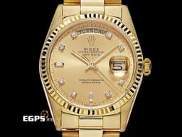 ROLEX 勞力士 Day-Date 36 蠔式 星期日曆型 18238A 18K黃金材質&nbsp;<font color="#f7da45">原廠鑽石時標 皇帝金色面盤</font><font color="#FF0000">&nbsp;</font>DD36 經典三角坑紋錶圈&nbsp;<font color="#ff0000">元首型（President）錶帶 總統帶</font> 自動上鍊 36mm