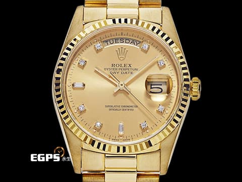 ROLEX 勞力士 Day-Date 36 蠔式 星期日曆型 18238A 18K黃金材質&nbsp;原廠鑽石時標 皇帝金色面盤&nbsp;DD36 經典三角坑紋錶圈&nbsp;元首型（President）錶帶 總統帶 自動上鍊 36mm