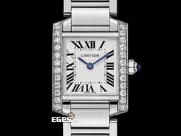 CARTIER 卡地亞 Tank Francaise 法國坦克 小型款 W4TA0008 象牙白色面盤<font color="#33CCFF"> 鑲嵌24顆圓形鑽石 藍鋼劍形指針</font> 經典 不鏽鋼材質 <font color="#ff0000">2022年保卡</font> 石英機芯 25X20mm