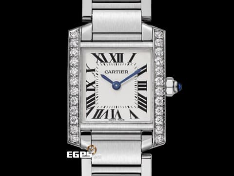 CARTIER 卡地亞 Tank Francaise 法國坦克 小型款 W4TA0008 象牙白色面盤 鑲嵌24顆圓形鑽石 藍鋼劍形指針 經典 不鏽鋼材質 2022年保卡 石英機芯 25X20mm