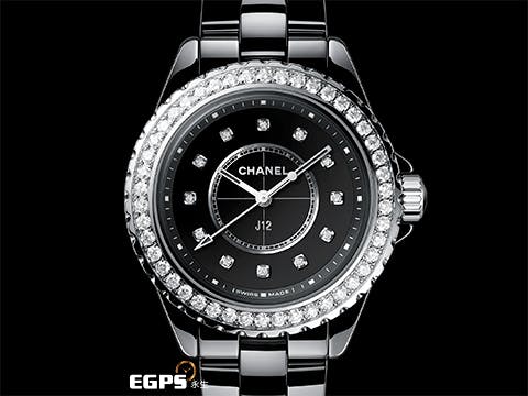 CHANEL 香奈兒 J12 黑色高科技陶瓷 J12 H6419 時尚女錶 2024年保單  黑色漆面錶盤，原廠鑲嵌鑽石12顆鑽石時標（約重0.06克拉）   錶圈鑲嵌46顆明亮式切割鑽石（約重1.21克拉）  石英錶  33mm
