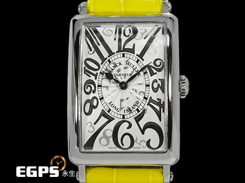 Franck Muller 法蘭穆勒 952 QZ REL HO LONG ISLAND 不鏽鋼材質 銀白色面盤放射雕紋面盤 銀色藝術數字時標  原廠黃色鱷魚皮錶帶 石英機芯 26x44mm