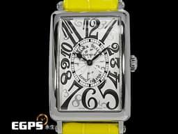 Franck Muller 法蘭穆勒 952 QZ REL HO LONG ISLAND 不鏽鋼材質 <font color=#FF0000>銀白色面盤放射雕紋面盤 銀色藝術數字時標</font> <font color=#FFFF00> 原廠黃色鱷魚皮錶帶</font> 石英機芯 26x44mm