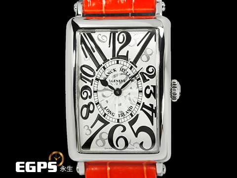 Franck Muller 法蘭穆勒 952 QZ REL HO LONG ISLAND 不鏽鋼材質 銀白色面盤放射雕紋面盤 銀色藝術數字時標  原廠橘色鱷魚皮錶帶 石英機芯 26x44mm