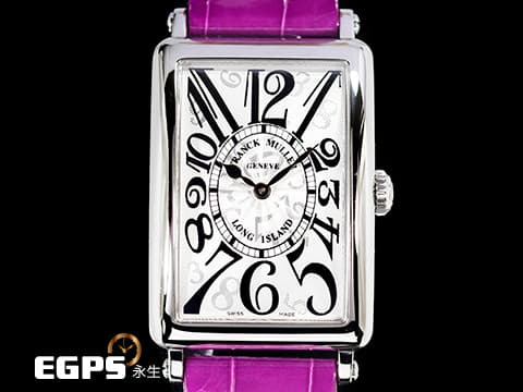 Franck Muller 法蘭穆勒 952 QZ HO LONG ISLAND 不鏽鋼材質 952QZ銀白色面盤放射雕紋面盤 銀色藝術數字時標  原廠紫色鱷魚皮錶帶 石英機芯 26x44mm