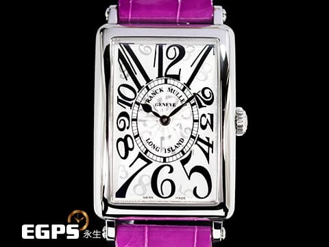 Franck Muller 法蘭穆勒 952 QZ HO LONG ISLAND 不鏽鋼材質 952QZ 銀白色面盤放射雕紋面盤 銀色藝術數字時標  原廠紫色鱷魚皮錶帶 石英機芯 26x44mm