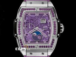 HUBLOT 宇舶 Spirit of Big Bang Moonphase 大爆炸 靈魂系列 647.NX.4771.LR.1205 </font> <font color=#ff00ff>薰衣草色鏤空面盤 紫色寶石錶圈</font> 鈦金屬 酒桶型 月相盈虧 <font color=#ff0000>2022年保單</font> 自動上鍊 42mm