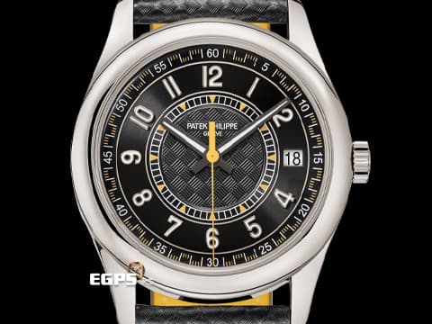 Patek Philippe 百達翡麗 PP錶 Calatrava系列 6007G-001 烏木黑色中央「碳纖維」浮雕圖案面盤&nbsp;大三針 黃色秒針、三角形刻度 18K白金材質 2026年保單 自動上鍊 40mm