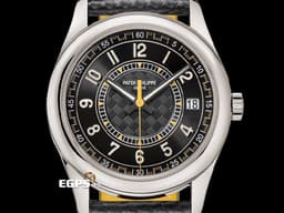 Patek Philippe 百達翡麗 PP錶 Calatrava系列 6007G-001 <font color="#9c9893">烏木黑色中央「碳纖維」浮雕圖案面盤</font>&nbsp;大三針 <font color="#FFD700">黃色秒針、三角形刻度</font> 18K白金材質 <font color="#FF0000">2026年保單</font> 自動上鍊 40mm
