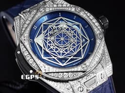 HUBLOT 宇舶 Big Bang Unico Sang Bleu 大爆炸 415.NX.7179.VR.1704.MXM18 <font color="#053ce1">藍色面盤 限量款 Maxime Buchi設計 幾何圖形指針</font> 鈦金屬&nbsp;<font color="#FF0000">2018年保單 原鑲鑽錶 共388顆天然真鑽 </font> 自動上鍊 45mm