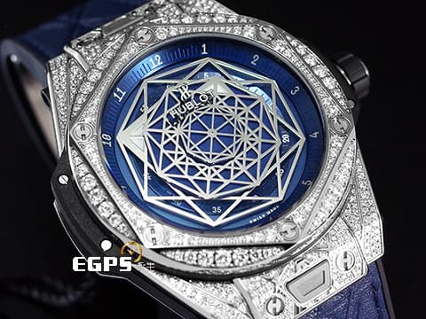 HUBLOT 宇舶 Big Bang Unico Sang Bleu 大爆炸 415.NX.7179.VR.1704.MXM18 藍色面盤 限量款 Maxime Buchi設計 幾何圖形指針 鈦金屬&nbsp;2018年保單 原鑲鑽錶 共388顆天然真鑽  自動上鍊 45mm