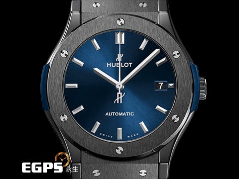 HUBLOT 宇舶 Classic Fusion 經典融合 511.CM.7170.RX 黑陶瓷錶殼 藍色太陽紋面盤 大三針 2023年保單 自動上鍊 45mm