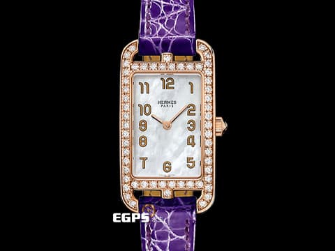 HERMES 愛馬仕 Cape Cod Nantucket系列 18K玫瑰金材質 玫瑰金色指針  白色珍珠母貝面盤 NA2.271.213 原廠鑲嵌56顆頂級天然美鑽外框&nbsp;石英腕錶 20x27mm