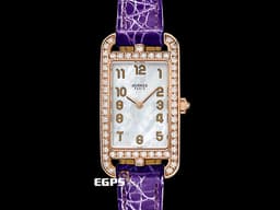 HERMES 愛馬仕 Cape Cod Nantucket系列 <font color="#FFE6D9">18K玫瑰金材質 玫瑰金色指針 </font> 白色珍珠母貝面盤 NA2.271.213 <font color="#FF0000">原廠鑲嵌56顆頂級天然美鑽外框</font>&nbsp;石英腕錶 20x27mm